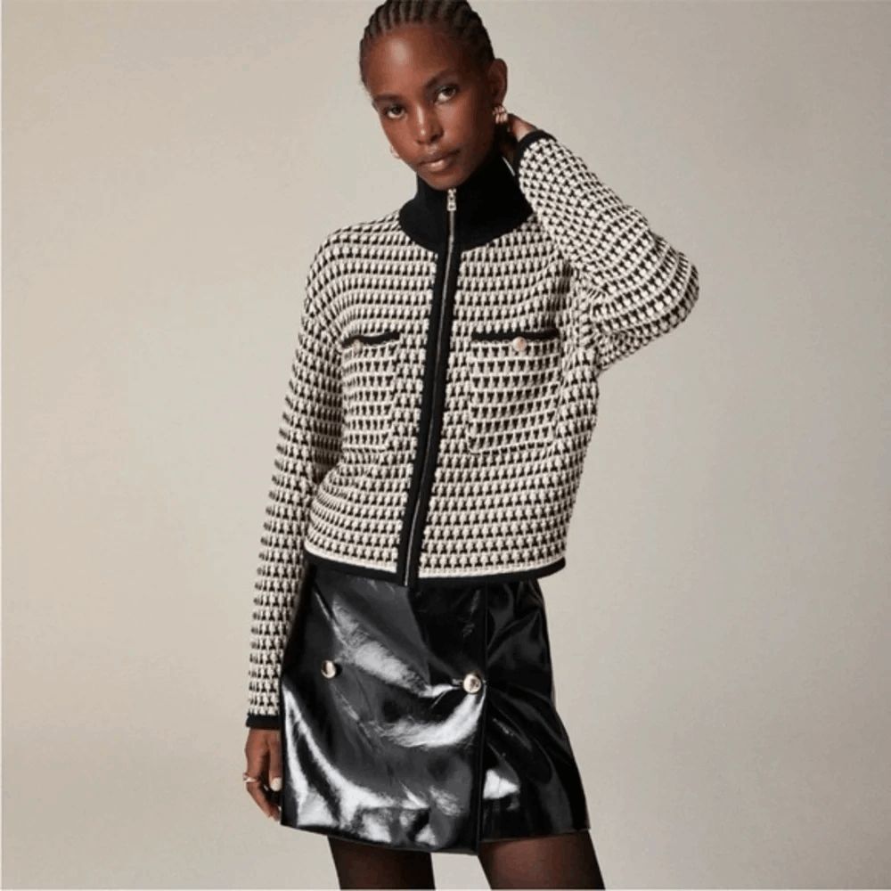 J. Crew Black Sandstone Jacquard Full Zip-Up Cardigan Sweater Women's Size XL